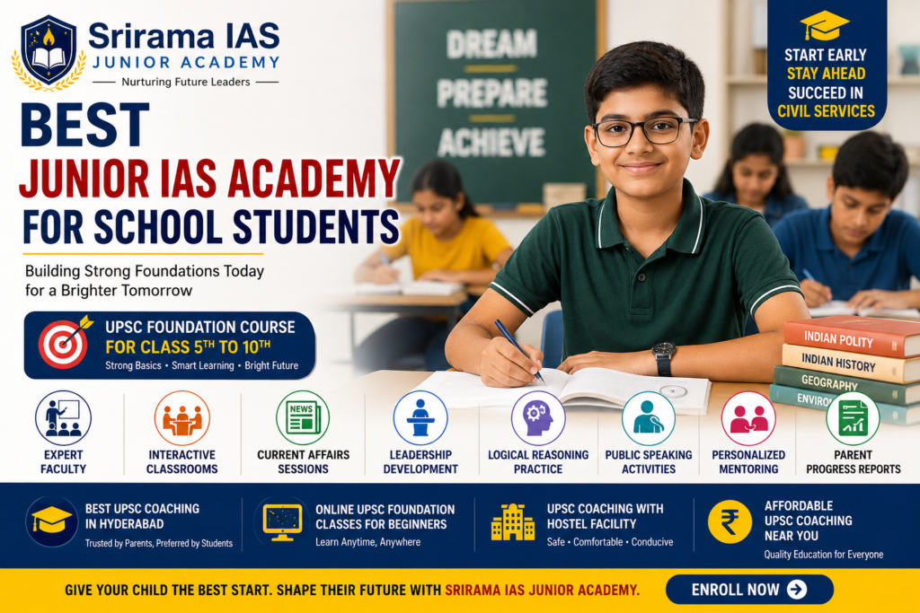 Best Junior IAS Academy for school students offering UPSC foundation coaching, leadership development, and interactive classroom learning at Srirama IAS Junior Academy.